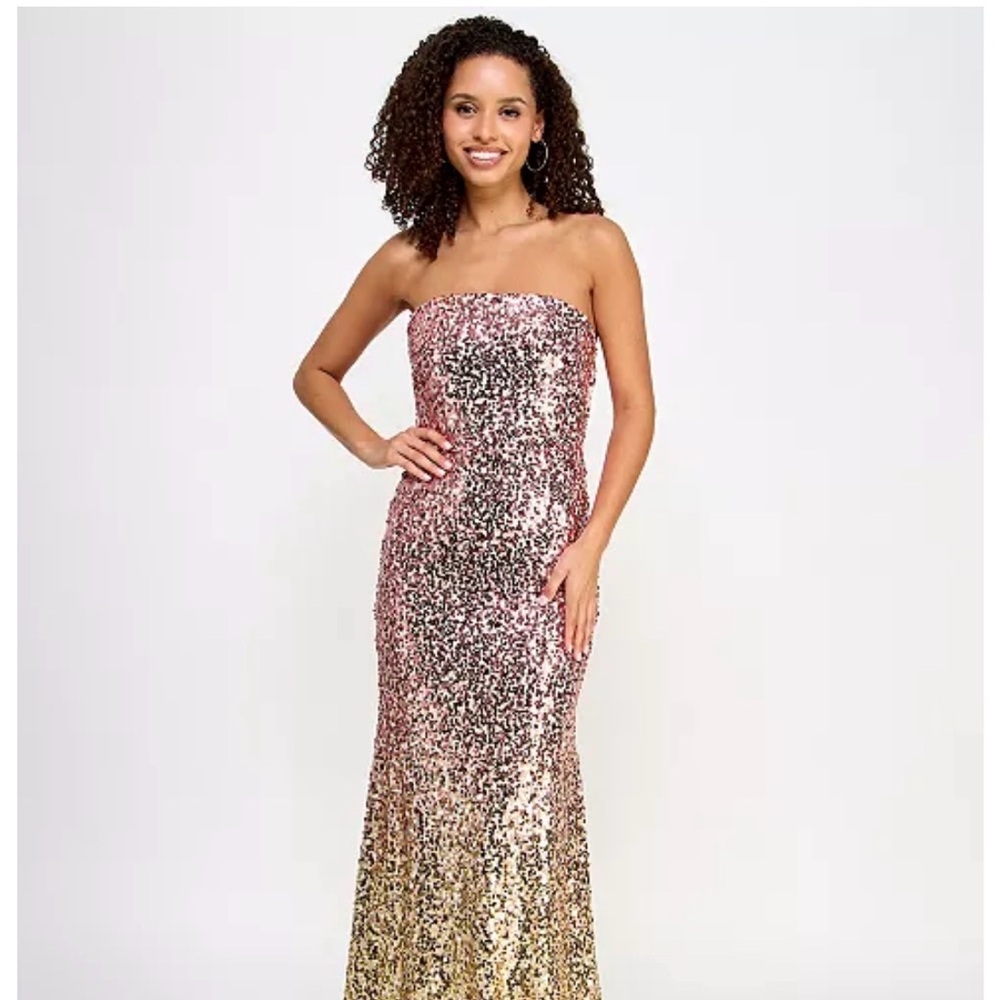 Strapless Ombre Sequin Evening Gown - Pink to Gold